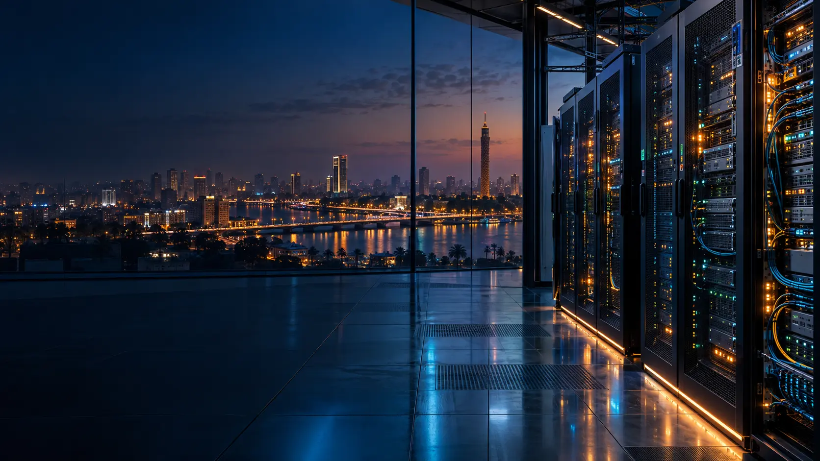 Modern enterprise datacenter overlooking Cairo